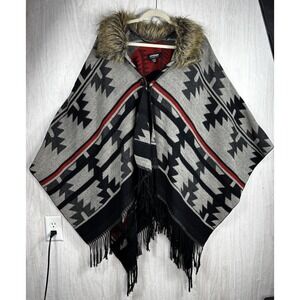 Coffee Shop One Size Aztec Fringe Wrap Cardigan Faux Fur Collar Red Gray Black
